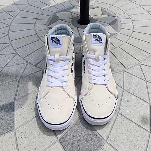 Vans Sk8-Hi Checker Flame Sneakers Off White Black High Top Classic Skate Shoes - Picture 3 of 10